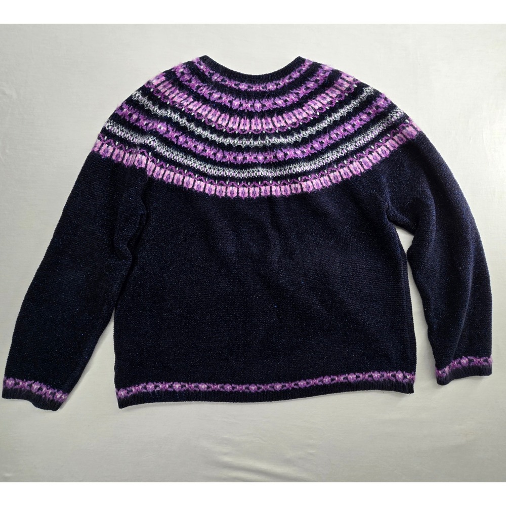 Talbots Fair Isle Pullover Sweater L Navy Purple Metallic Shimmer Crewneck - Picture 3 of 9